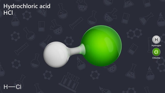 Hydrogen chloride (HCl) is a pungent gas that forms hydrochloric acid when dissolved in water. Acid plays a vital role in digestion as a component of gastric acid. Dark back. 3d illustration
