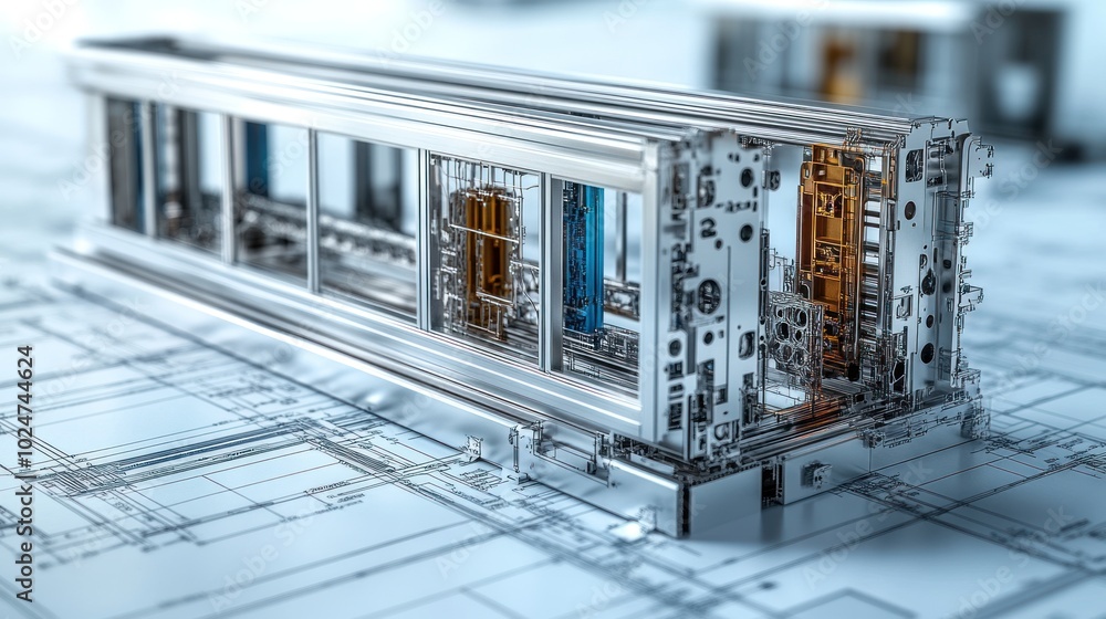 Poster detailed 3d model of a mechanical structure on blueprints.