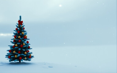 Obraz premium New Year's card: Christmas tree decorated with beautiful balls and garland in snowdrifts. Celebrating the New Year.