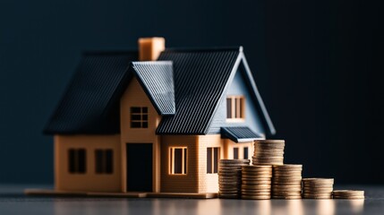 Model house on a table with stacks of coins representing real estate investment or property financing and savings concept.