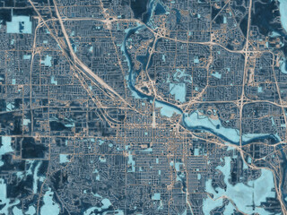 Painterly Style City Map of Eugene Oregon, USA in a Blue Color Scheme.