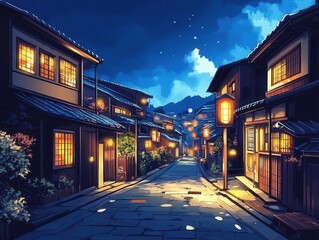 Fototapeta premium charming scene of a japanese tokyo town illuminated in the evening, houses lining the street, anime-inspired art style creating a cozy atmosphere, rich colors and inviting details