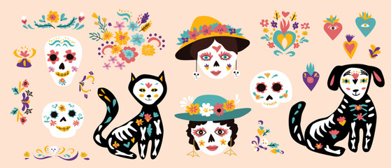 Mexican Death Day elements. Stickers for Dia de los muertos festival, musical party invitation and posters. Sugar skull, tatoo pets and floral elements, flowers and tatoo mask, bunting flags.