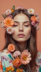 Woman with dark hair wearing orange flower crown, serene and elegant look
