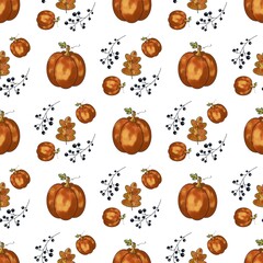 artwork, doodle illustration, seamless pattern, pumpkin, berry, oak, leaf, black outline, colorful elements, white background