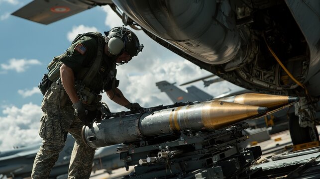 A military technician is preparing a missile for deployment, showcasing high-stakes aviation and weaponry operations.