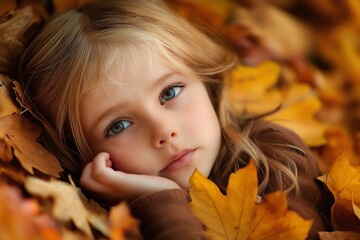 A young child lies amidst autumn leaves, with a peaceful, dreamy expression that captures innocence and tranquility.
