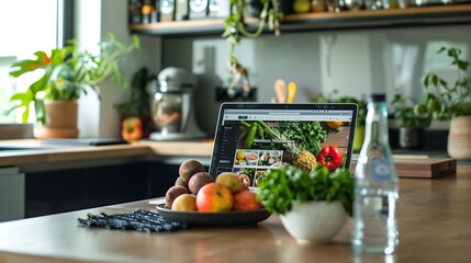 MacBook Air setup on a kitchen island featuring fresh fruits and a recipe website screen ideal for home cooking hydration and work from home in a stylish and functional space