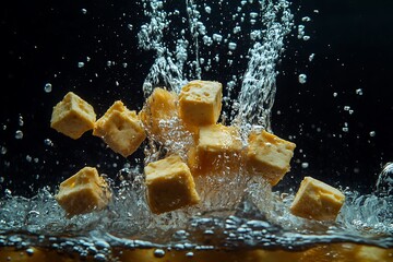 Cubes of cheese splashing into water with a black background.