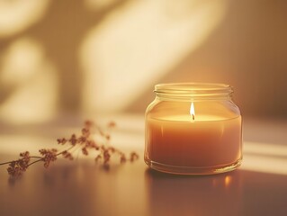 clear glass candle jar mockup with a flickering flame, on a soft textured background that enhances the ambiance of the burning candle