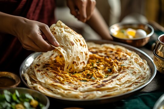 Close-up of a Person's Hand Holding a Piece of Parotta Bread Over a Plate of Chicken Curry.