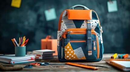 Creative Back-to-School Essentials Arranged on Rustic Table with Patterned Backpack and Stationery Supplies