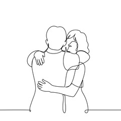 man and woman hugging - one line art vector. hug day concept, skinship