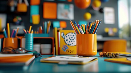 Organized School Child's Vibrant Workspace with Colorful Supplies for Writing, Drawing, and Studying