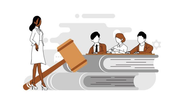 3d animation, representation of client's interests in court. Professional lawyer in court, questioning a witness, hearing in court, legal services. faceless.