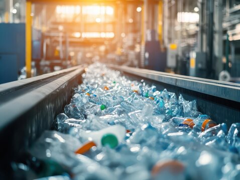 close-up of a recycling machine diligently sorting plastic waste in a busy factory. conveyor belts and machinery create a sense of industrious energy