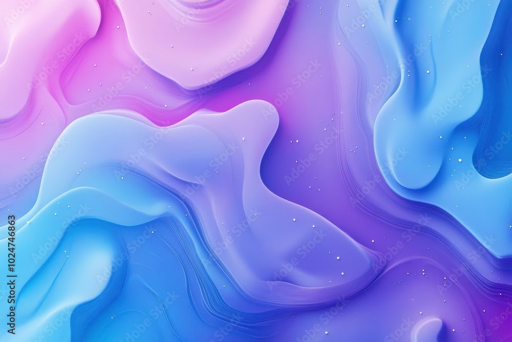 Poster soft blue and purple abstract background with flowing shapes and subtle sparkles, creating serene an