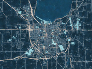 Painterly Style City Map of Fond du Lac Wisconsin, USA in a Blue Color Scheme.