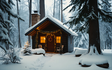 Magical Christmas landscape: winter forest with a beautiful wooden house decorated with New Year's decorations among snowdrifts.