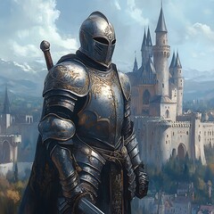 A knight in ornate armor stands before a majestic castle in a picturesque landscape.