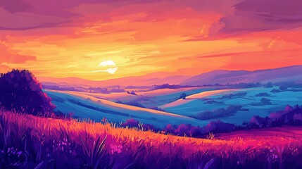 Sunset view over rolling hills and colorful wildflowers in a serene landscape at dusk