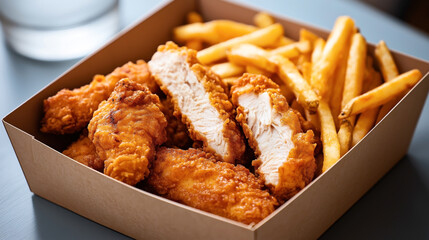 Close-up of crispy fried chicken tenders and golden French fries in a cardboard box on a table.