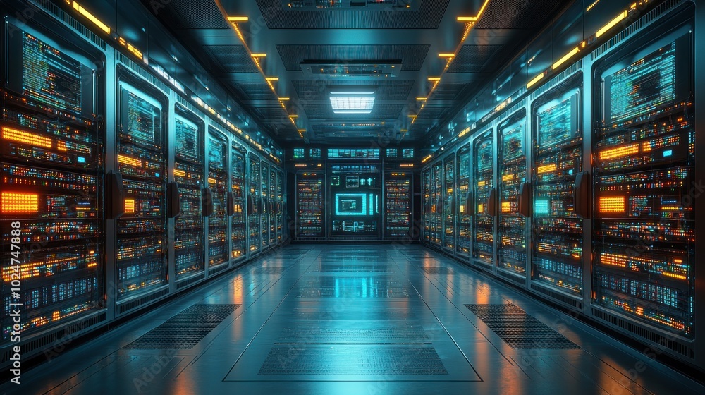 Poster futuristic data center with glowing servers and high-tech ambiance.