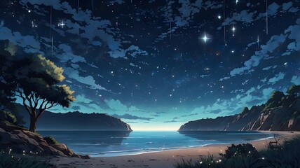 Serene Seaside Cliff Under Starry Night Sky - Peaceful Anime Vector Art