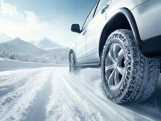 close-up view of an suv navigating a snow-covered highway, highlighting the intricate details of its winter tires against a backdrop of white snow and serene winter scenery