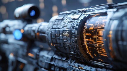 A futuristic, high-tech sniper scope features intricate designs and glowing elements that suggest advanced technology and precision engineering.