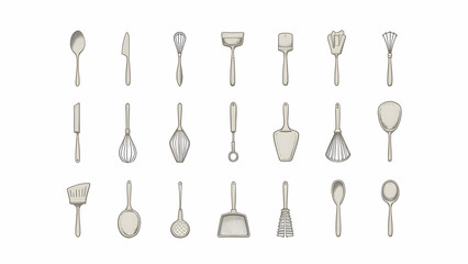 Set of kitchen utensils drawn on white
