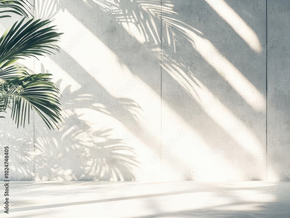 Poster coconut leaves cast delicate shadows on a stark white wall, creating a mesmerizing pattern that juxt
