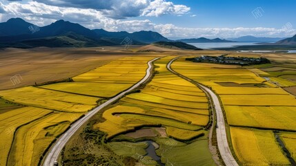 An expansive golden rice fields under a bright sky, with winding roads cutting through the landscape and mountains in the background near a lake, reflecting an autumn scene - AI Generated Digital Art