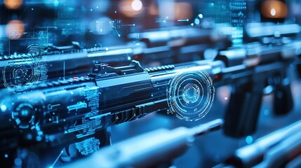 Obraz premium A futuristic display of digital weaponry with glowing blue accents, emphasizing advanced technology in armament design.