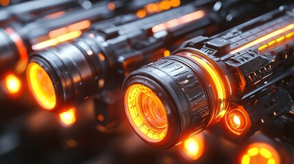 Futuristic weapons with glowing orange elements showcase advanced technology and intricate design, emphasizing a sci-fi aesthetic.