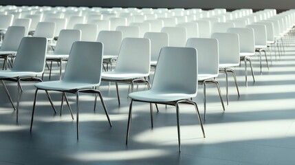 Fototapeta premium Rows of modern white chairs with metal legs arranged in a sunlit room, casting shadows on a grey tiled floor.