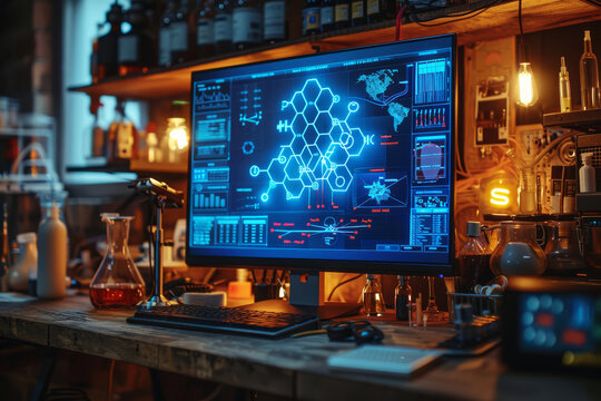 A vibrant molecular structure is displayed on a computer screen in workstation of a scientist , surrounded by glassware and scientific instruments, creating an inspiring research atmosphere