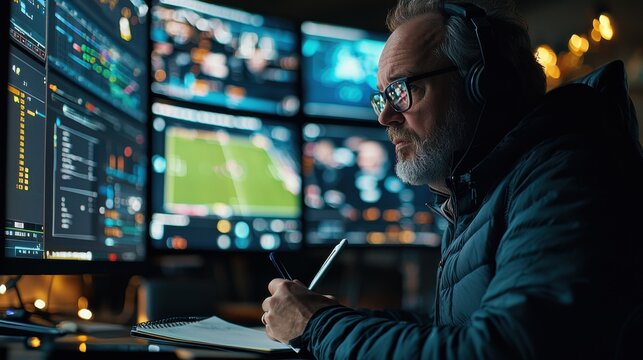 Immersed Sports Analyst Analyzing Live Football Match Data on Multiple Screens with Notepad and Pen