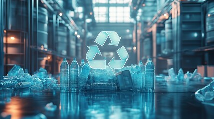 3D Illustration of Various Plastic Materials Surrounding a Recycling Logo, Symbolizing the Circular Process of Recycling and Eco-Friendly Practices.