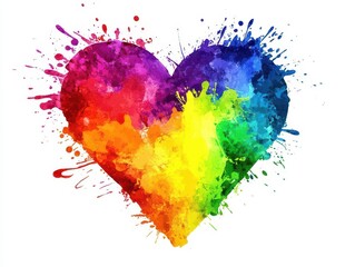 colorful heart made of splashes in vibrant rainbow hues on a clean white background, symbolizing love, inclusivity, and pride within the lgbtq community