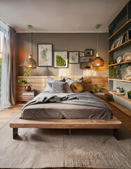 Modern bedroom interior with plants and cozy bedding