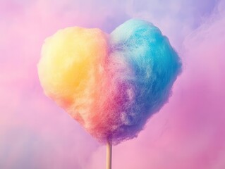 colorful heart-shaped cotton candy against a pastel backdrop, evoking feelings of love and romance, a sweet treat symbolizing affection and joy