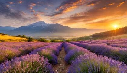 Fototapeta premium Rolling Fields of Lavender Flowers Stretching Across the Horizon, Framed by a Majestic Mountain Range and a Golden Sunset, Captured for a Vibrant Landscape Scene
