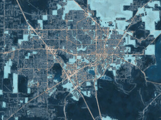 Painterly Style City Map of Gainesville Florida, USA in a Blue Color Scheme.