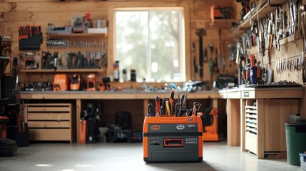 Organized Workshop with Wooden Cabinets, Toolbox, and Tools for DIY Projects