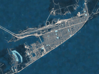 Painterly Style City Map of Galveston Texas, USA in a Blue Color Scheme.