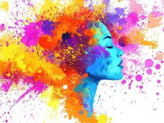 colorful illustration of a woman's head with paint splatter, representing mental health and creativity, evoking mindfulness and self-care in an abstract artistic style