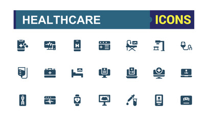 Healthcare solid icons set. Related to medical, health, diagnosis, report, injury and more. Filled icons collection. Editable and pixel perfect icon pack.