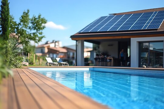 A modern house with solar panels beside a swimming pool, surrounded by greenery and lounge chairs.
