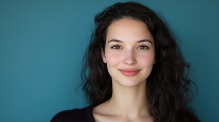 Fototapeta premium Portrait of a young woman with long dark hair against a blue background for beauty and lifestyle content